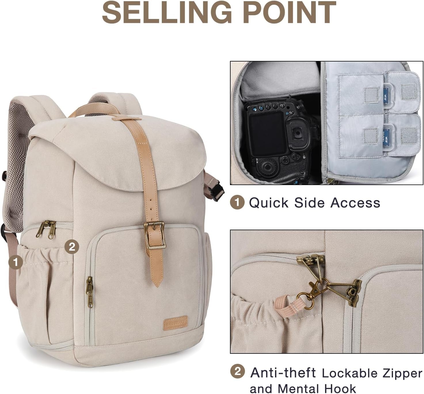 Camera Backpack, DSLR Camera Bag Backpacks for Photographers, Waterproof Anti-Theft Photography Backpack with 15 Inch Laptop Compartment & Tripod Holder, Ivory White