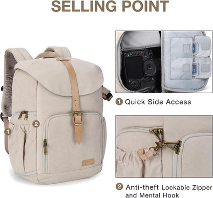 Camera Backpack, DSLR Camera Bag Backpacks for Photographers, Waterproof Anti-Theft Photography Backpack with 15 Inch Laptop Compartment & Tripod Holder, Ivory White