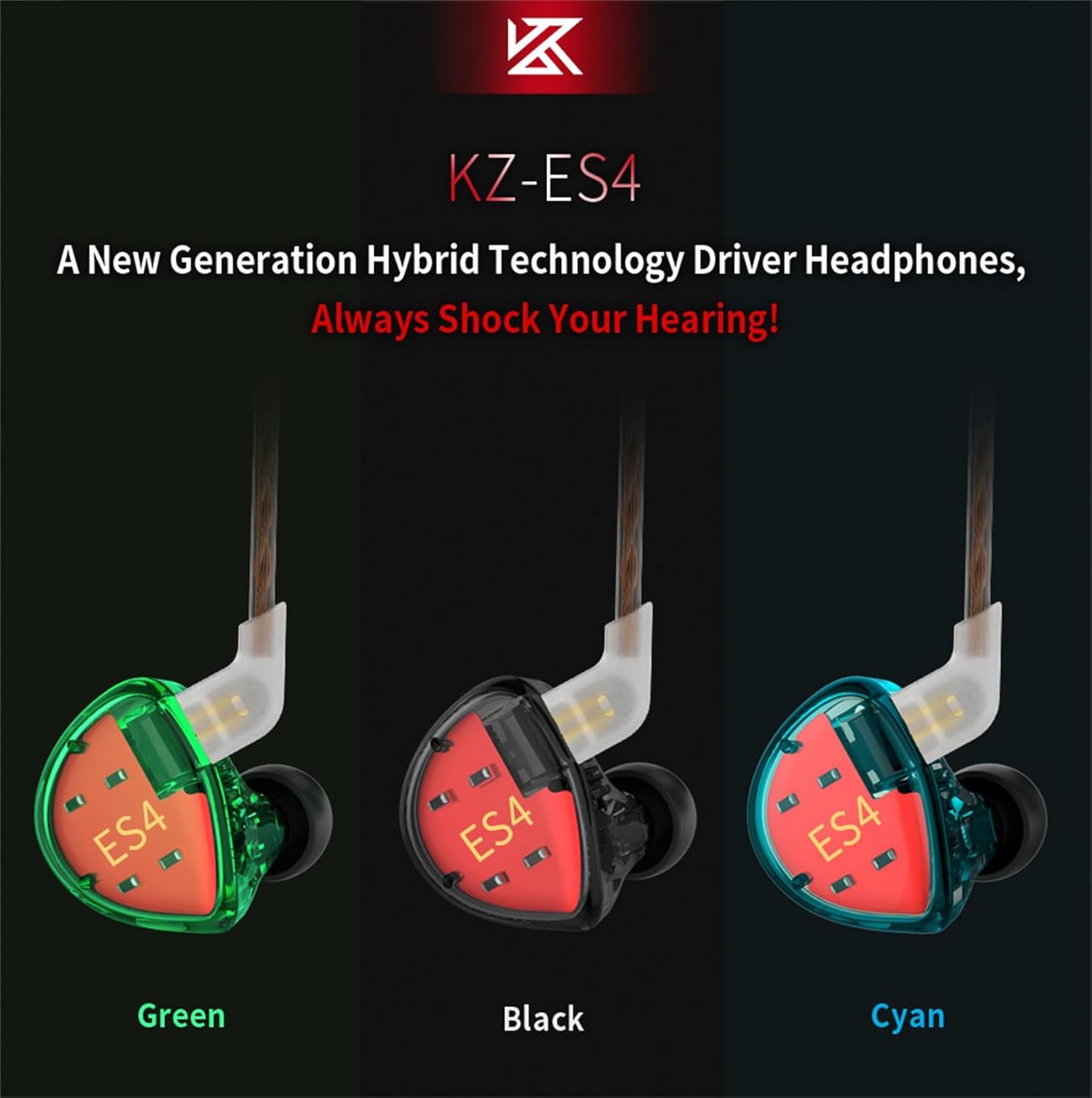 KZ ES4 Wired in Ear Headphones, High Resolution IEM Noise Cancelling KZ Earbuds Ergonomic Comfortable Gaming Earbuds Hifi Bass in Ear Monitor with 1Ba 1Dd 2Pin Tangle Free Cable (Black with Mic)